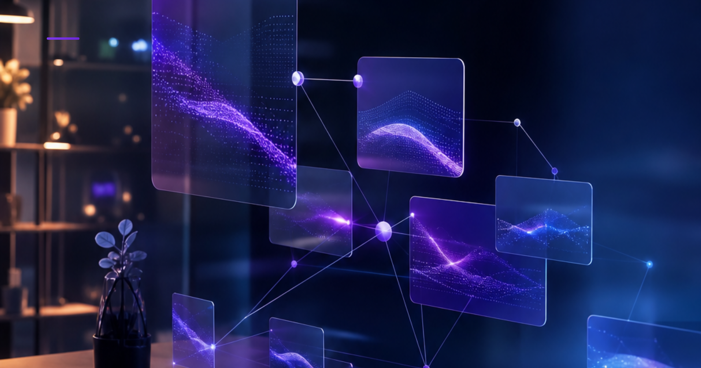 Imagen ilustrativa de Modern workspace with holographic AI interface panels floating above a minimalist desk, soft blue and purple lighting, digital workflows visualized as interconnected nodes, sleek dark surfaces with ambient glow, professional Chilean office setting aesthetic. Artículo: Agentes IA a Medida para Pymes Chile | Contrata Hoy