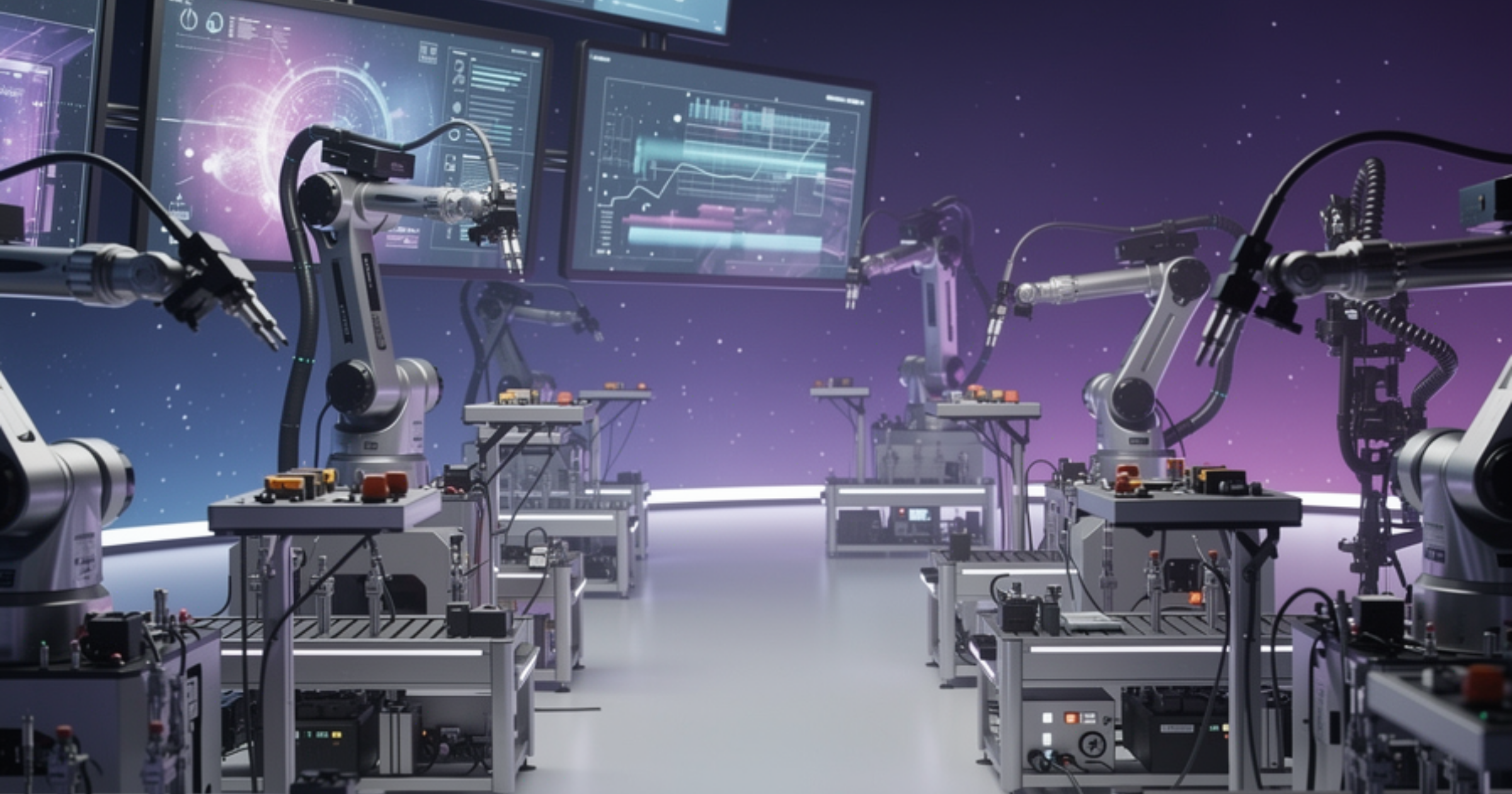 Imagen ilustrativa de Industrial factory floor with multiple monitoring screens displaying real-time data, automated machinery in soft ambient light, executives reviewing metrics on tablets, modern control room atmosphere, clean uncluttered center.. Artículo: Agentes IA en Manufactura. Cómo Medir ROI de Automatización de Procesos Industriales