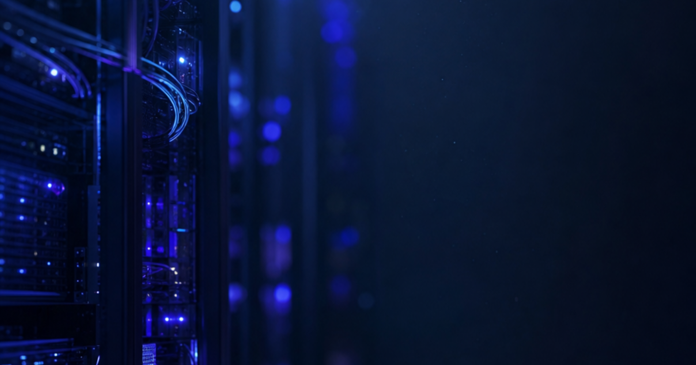Imagen ilustrativa de A server room with soft blue server lights and cables, digital connection nodes glowing in darkness, technical infrastructure atmosphere, calm uncluttered center, representing website crawlability and indexation beneath the surface. Artículo: Auditoría SEO técnica Shopify. Por qué Google no rastrea tu tienda