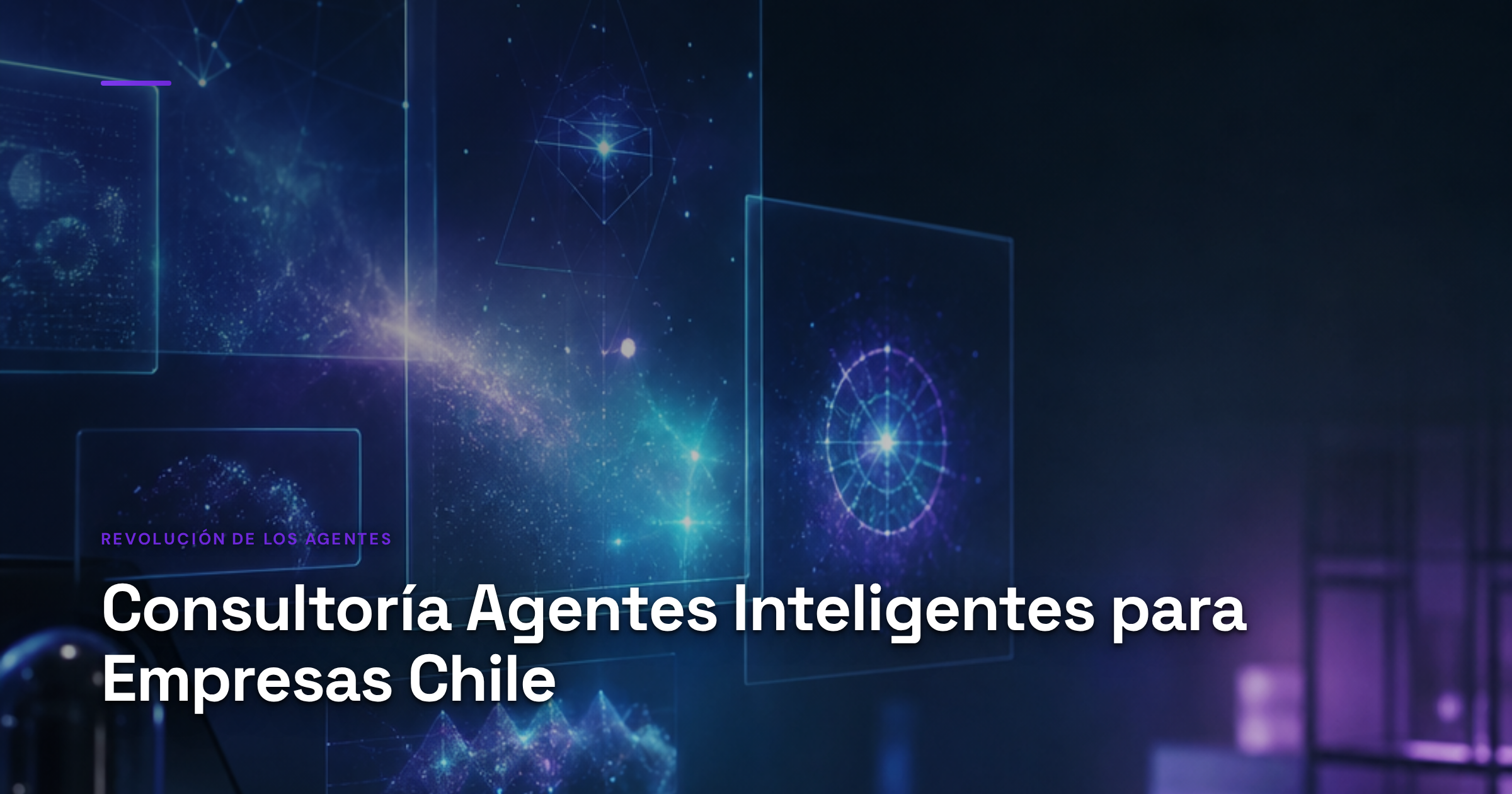 Imagen ilustrativa de Modern corporate workspace with holographic AI interface panels floating above a minimalist desk, soft blue and teal light emanating from digital screens, sleek metallic surfaces, professional atmosphere, geometric data visualizations in the background. Artículo: Consultoría Agentes Inteligentes para Empresas Chile