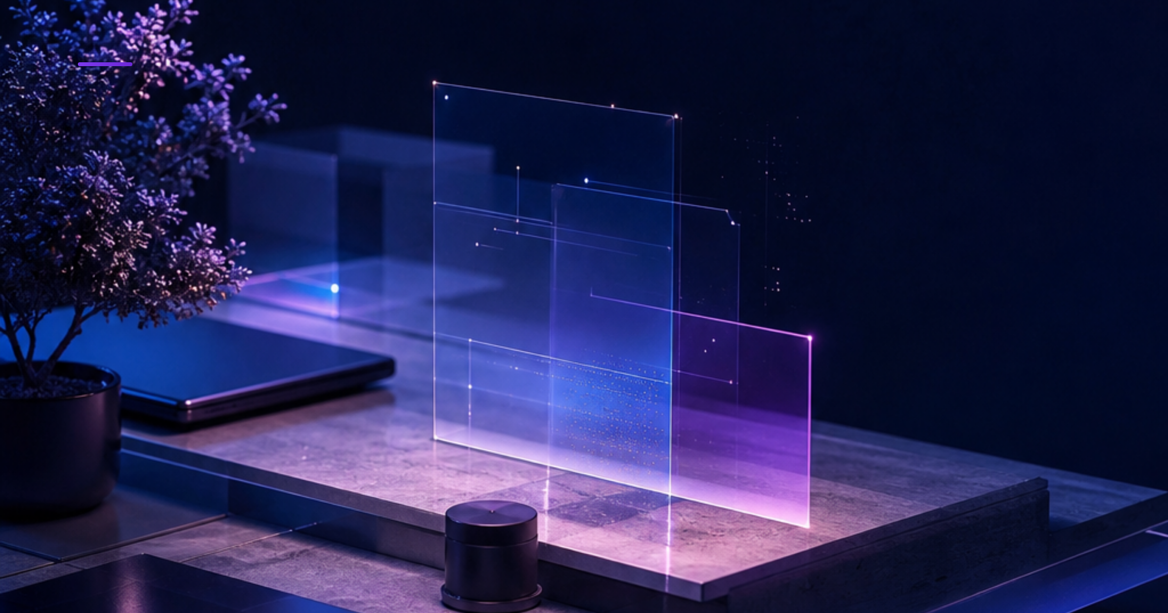Imagen ilustrativa de Modern office desk with layered geometric shapes in cool blues and grays, digital holographic interface elements floating above, interconnected circuit-like patterns, minimalist tech aesthetic, soft ambient lighting, no people. Artículo: Consultoría en Inteligencia Artificial Chile