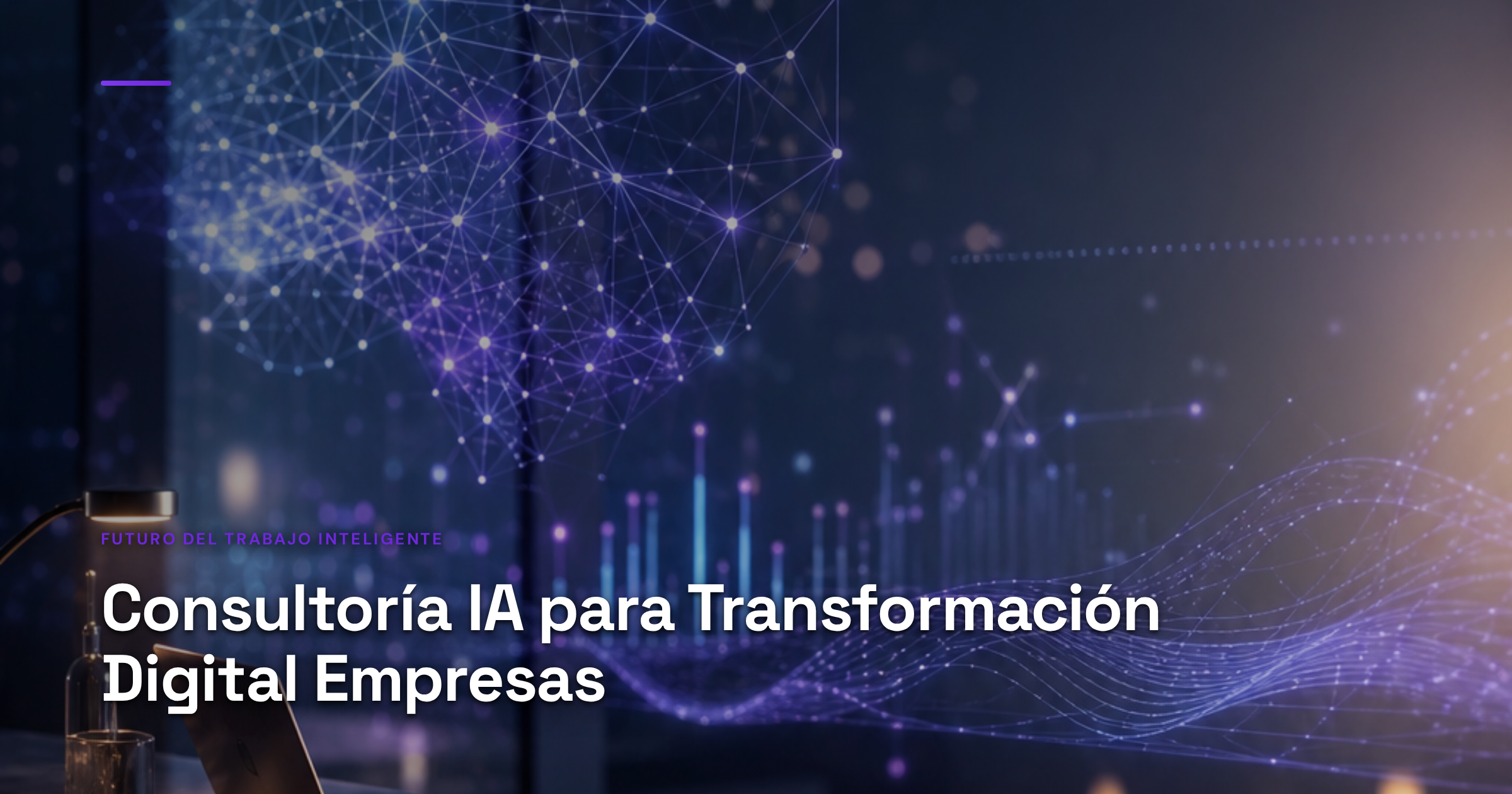 Imagen ilustrativa de Modern office workspace with glowing AI neural network visualization overlaying business charts and data flows, sleek glass surfaces, soft blue and amber lighting, geometric network nodes, minimalist tech atmosphere, no people visible. Artículo: Consultoría IA para Transformación Digital Empresas