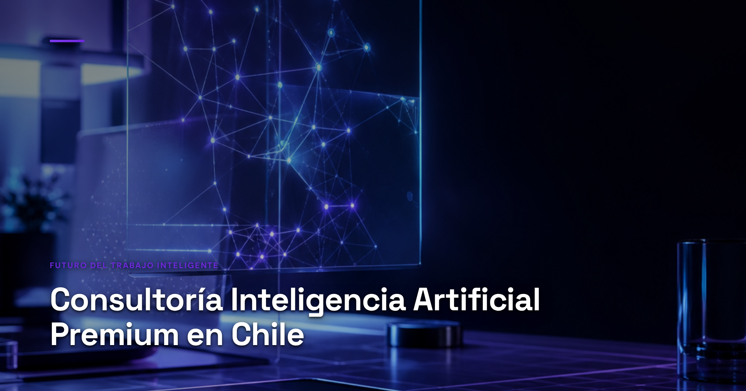 Imagen ilustrativa de Modern office workspace with holographic AI interface panels floating above sleek desk, neural network diagrams in soft blue light, geometric circuit patterns on dark surface, minimalist tech atmosphere, professional environment. Artículo: Consultoría Inteligencia Artificial Premium en Chile