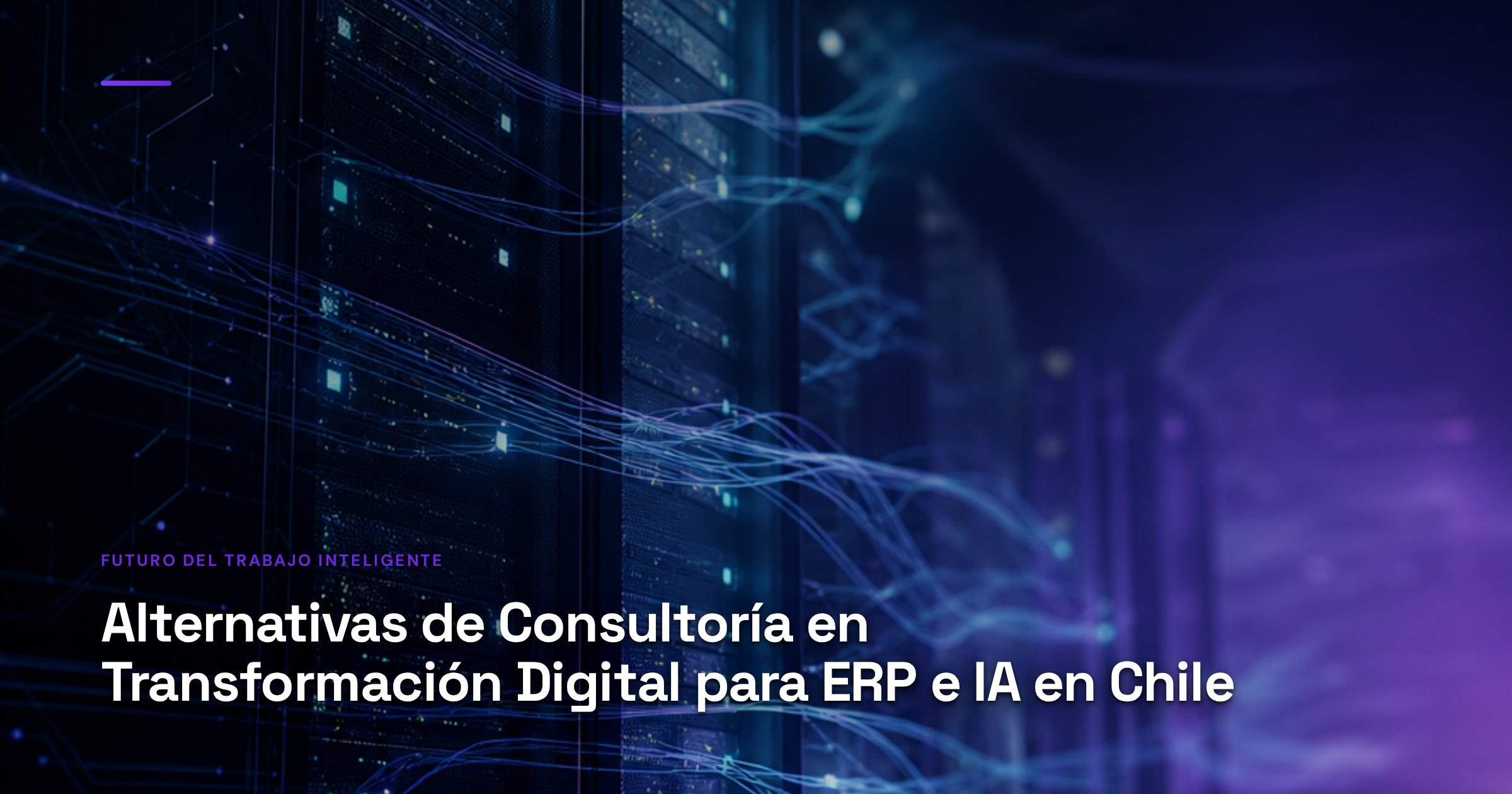 Imagen ilustrativa de Modern server racks with glowing blue and green lights, holographic data streams flowing between them, circuit board patterns overlaid on dark metallic surfaces, soft ambient lighting, tech ecosystem atmosphere, no people or text. Artículo: Alternativas de Consultoría en Transformación Digital para ERP e IA en Chile