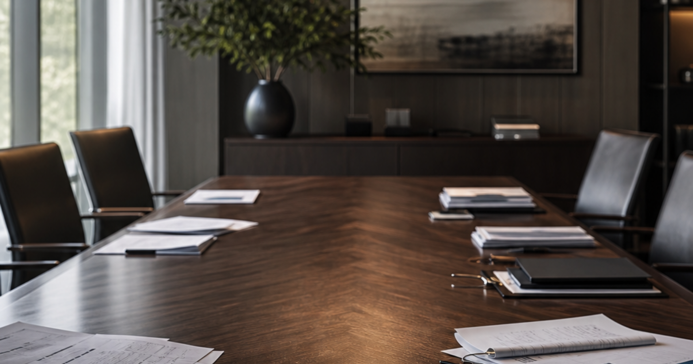 Imagen ilustrativa de Corporate boardroom table with financial documents scattered, calculator and pen, cool blue-grey lighting, focused overhead lamp, serious analytical atmosphere, center space empty, morning light through office window. Artículo: Costos de Implementar Agentes IA en Empresas. Cifras Reales del Mercado Chileno