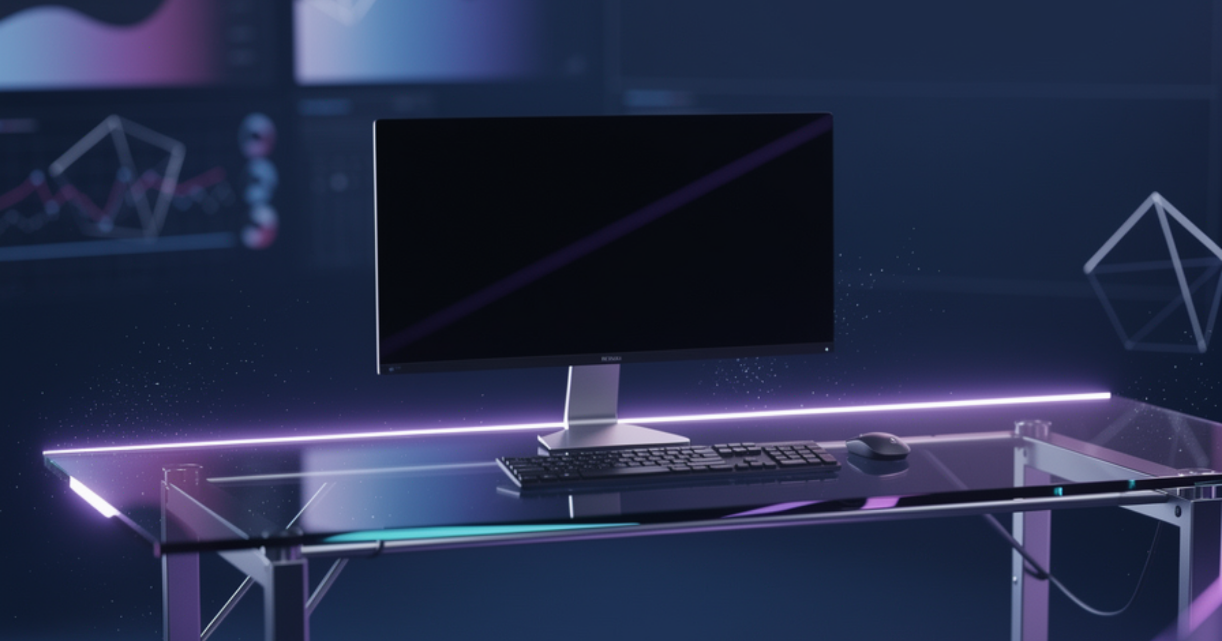 Imagen ilustrativa de Modern workspace with minimalist desk setup, soft blue-toned lighting, abstract digital interface elements floating subtly in background, clean surfaces, professional atmosphere suggesting custom solution evaluation, uncluttered center space. Artículo: Cotizar Desarrollo de Agentes de Inteligencia Artificial Personalizados en Chile