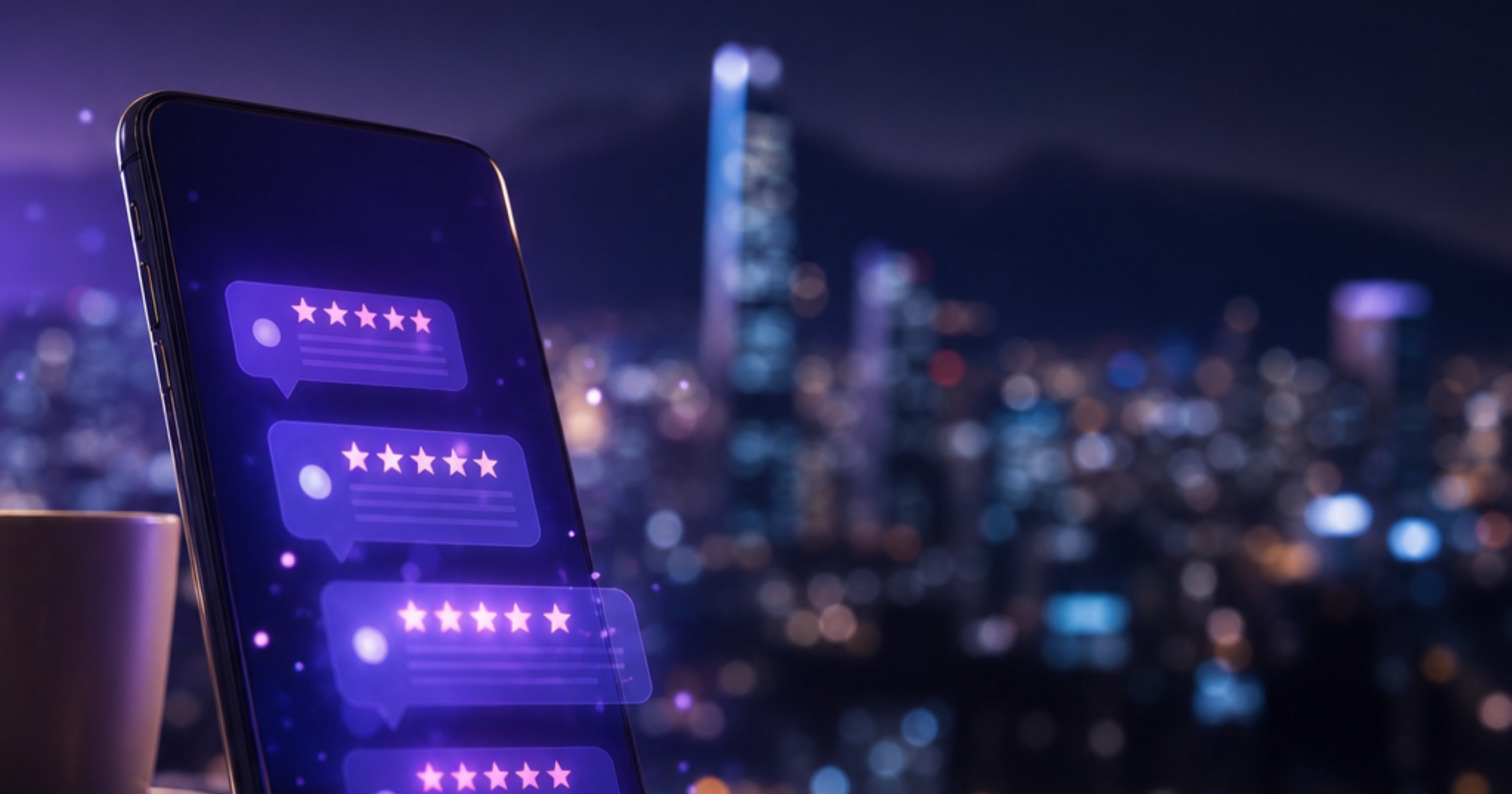 Imagen ilustrativa de A smartphone screen glowing with star ratings and positive review notifications, surrounded by soft ambient light, warm desk surface, blurred Santiago cityscape background, calm professional atmosphere, empty center space. Artículo: Gestión de reseñas en Google Maps para negocios en Santiago