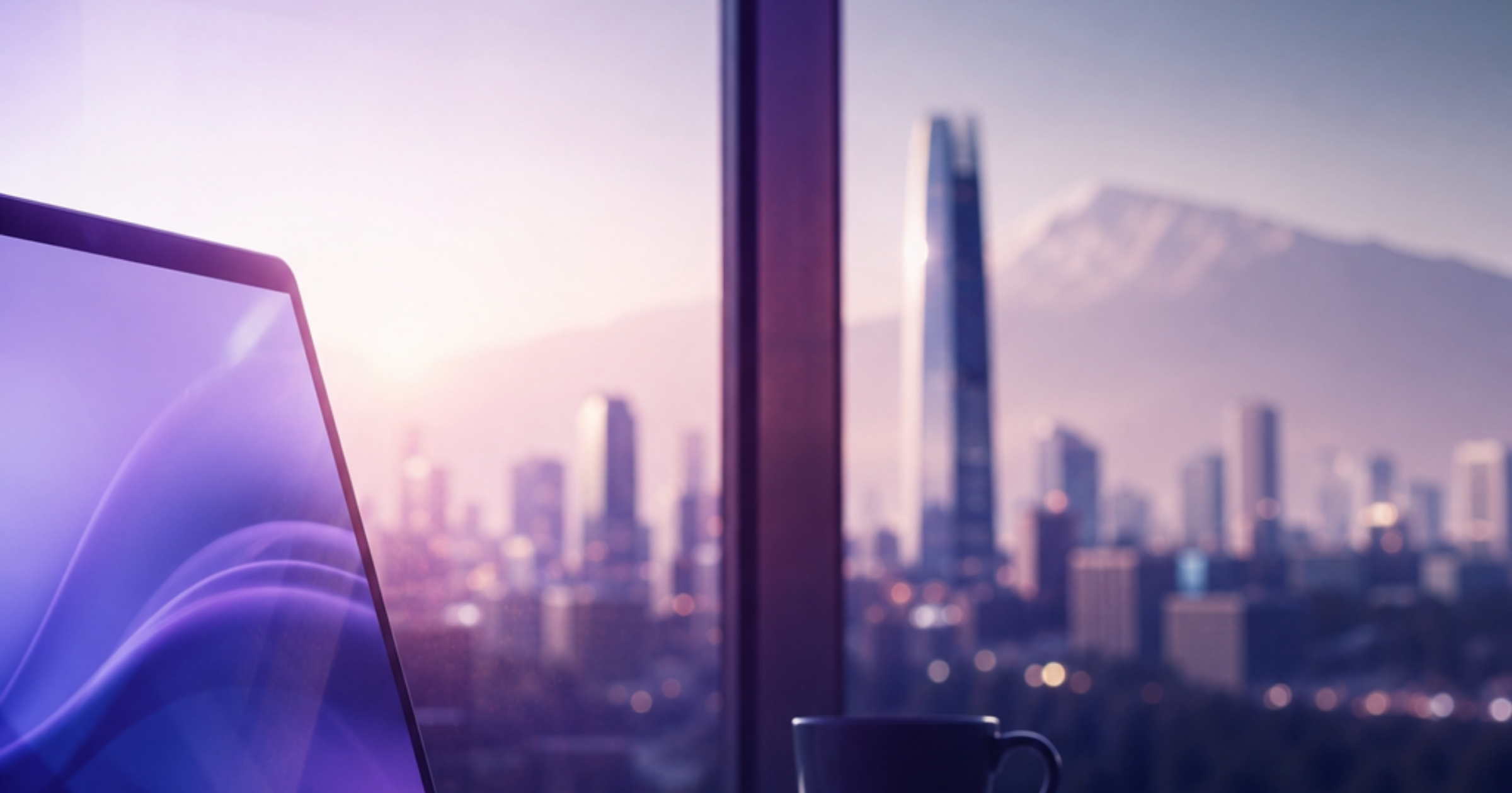 Imagen ilustrativa de A laptop screen glowing in soft office light with a Santiago cityscape visible through a window behind, calculator and coffee cup on clean desk, neutral morning atmosphere, empty center, no text visible. Artículo: Google Ads para pymes en Santiago. Cuándo contratar SEM realmente funciona