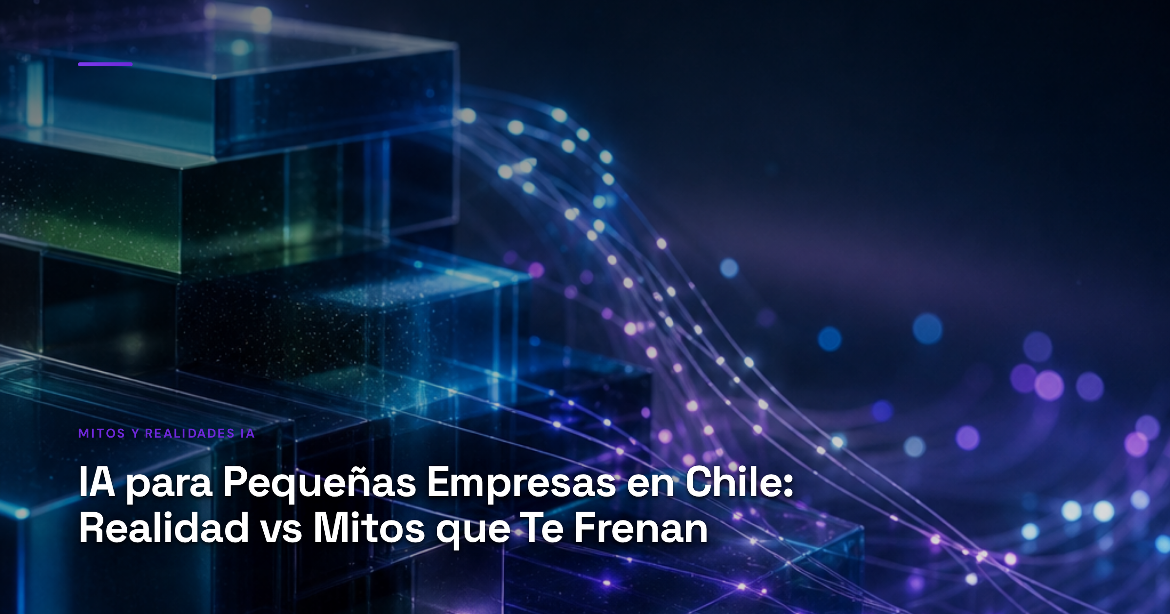 Imagen ilustrativa de Layered digital landscape with ascending stacked blocks in blue and green tones, interconnected by glowing nodes and fiber optic threads, minimalist tech aesthetic, soft depth of field, modern metallic texture background, no people or text.. Artículo: IA para Pequeñas Empresas en Chile: Realidad vs Mitos que Te Frenan