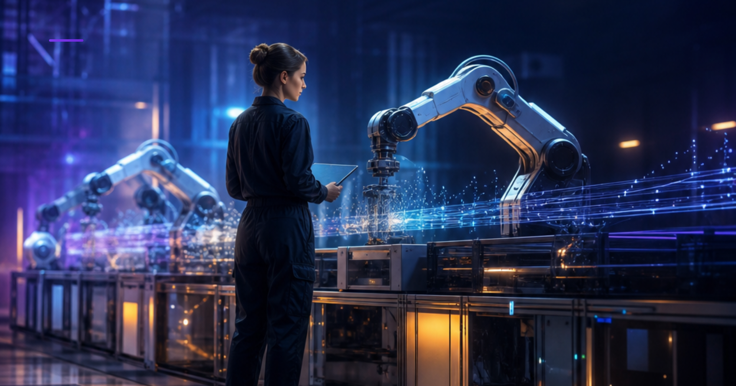 Imagen ilustrativa de Futuristic warehouse with robotic arms and conveyor systems, holographic data streams flowing between machines, soft blue and amber lighting, modern industrial aesthetic, sleek metallic surfaces with circuit patterns.. Artículo: Implementar agentes automatización empresas chilenas