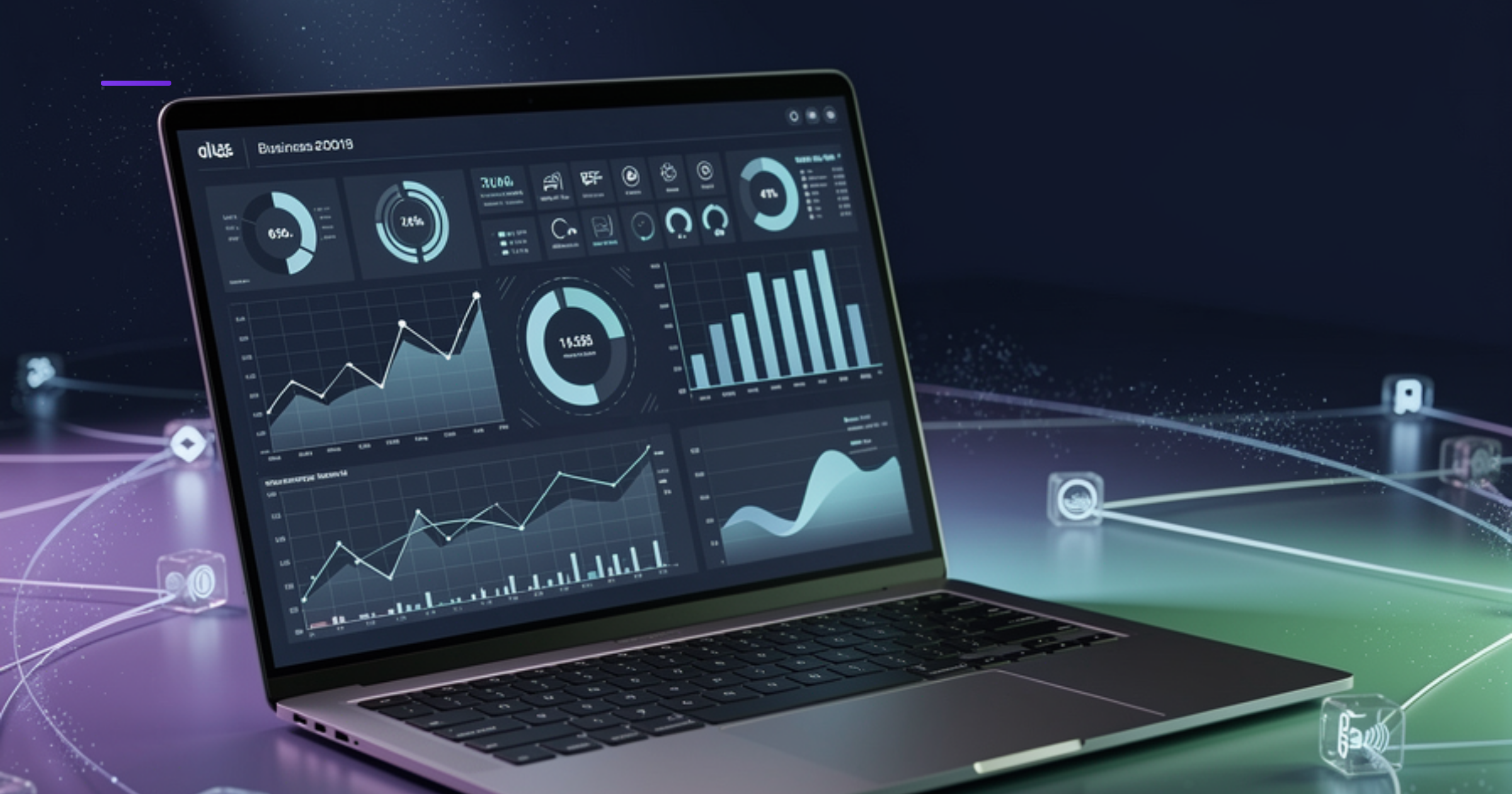 Imagen ilustrativa de Modern laptop screen displaying digital growth charts and business analytics dashboard, surrounded by interconnected tech nodes and glowing data streams, minimalist workspace aesthetic with blue and green gradient light effects, professional business atmosphere.. Artículo: Kit Digital Sercotec 2026: Subsidio para PyMEs