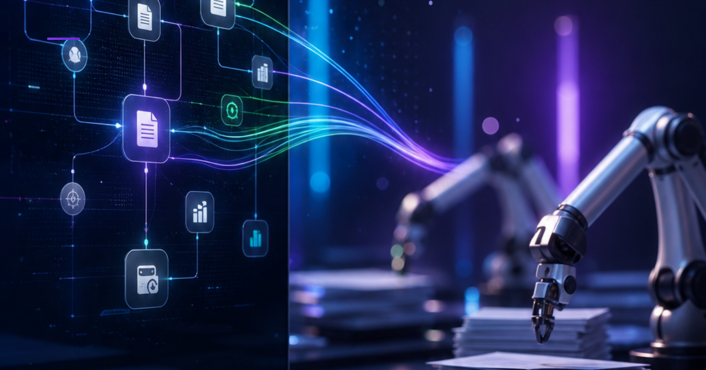 Imagen ilustrativa de Sleek dashboard interface with interconnected workflow nodes glowing in blue and green, robotic arms processing documents on a modern desk, digital streams flowing between business system icons, minimalist dark background with subtle circuit patterns. Artículo: Mejor agente IA para automatizar procesos en una empresa chilena: guía 2024