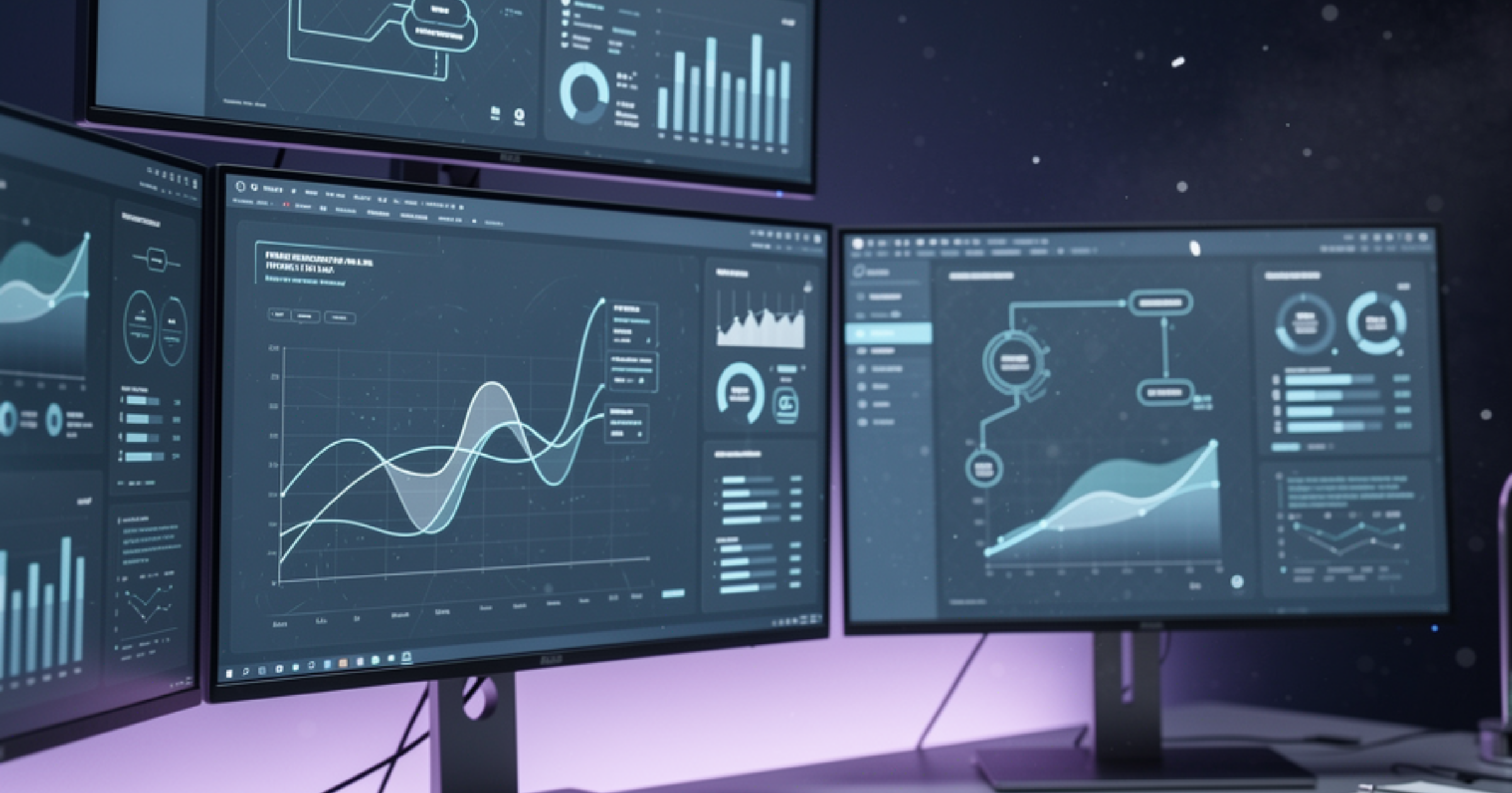 Imagen ilustrativa de Modern workspace with multiple digital screens displaying data dashboards and process automation flows, organized desk with notebooks, cool blue-grey lighting, professional but realistic office environment, empty central desk space. Artículo: Mejores agentes de inteligencia artificial. Comparativa para empresas en Chile