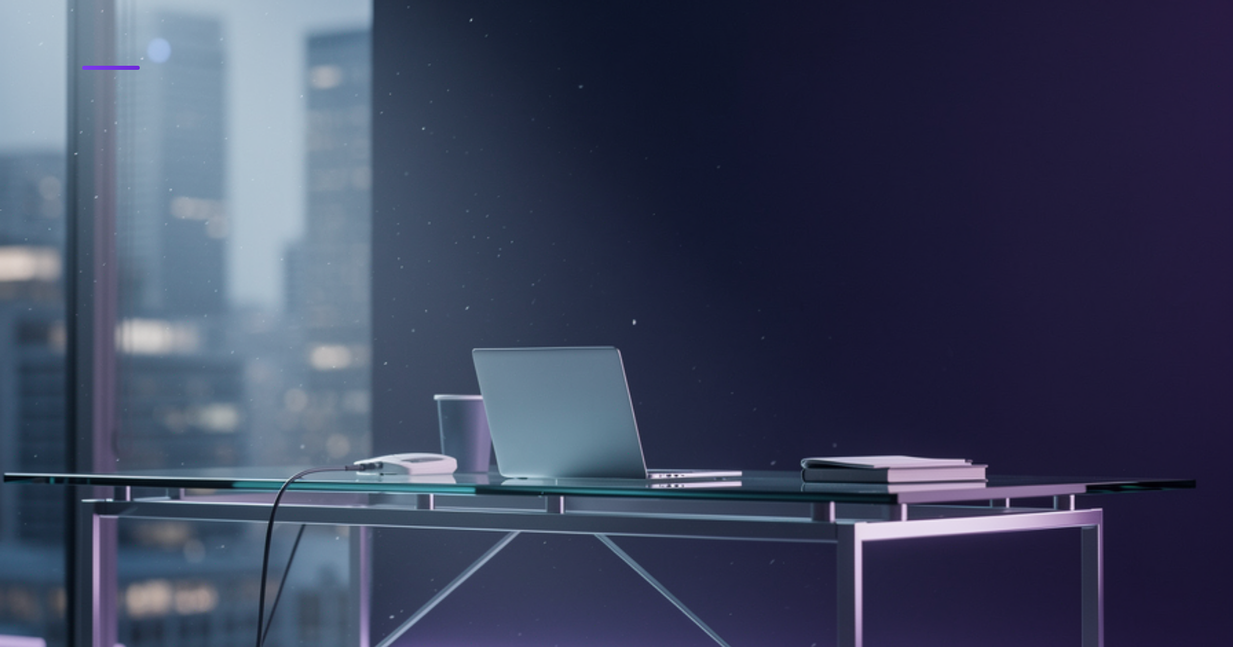 Imagen ilustrativa de Modern corporate office workspace with minimalist desk setup, soft blue-tinted ambient lighting, clean glass surfaces, blurred city skyline through floor-to-ceiling windows, professional technology atmosphere, shallow depth of field. Artículo: Mejores consultoras agentes IA Chile. Comparación de proveedores 2026