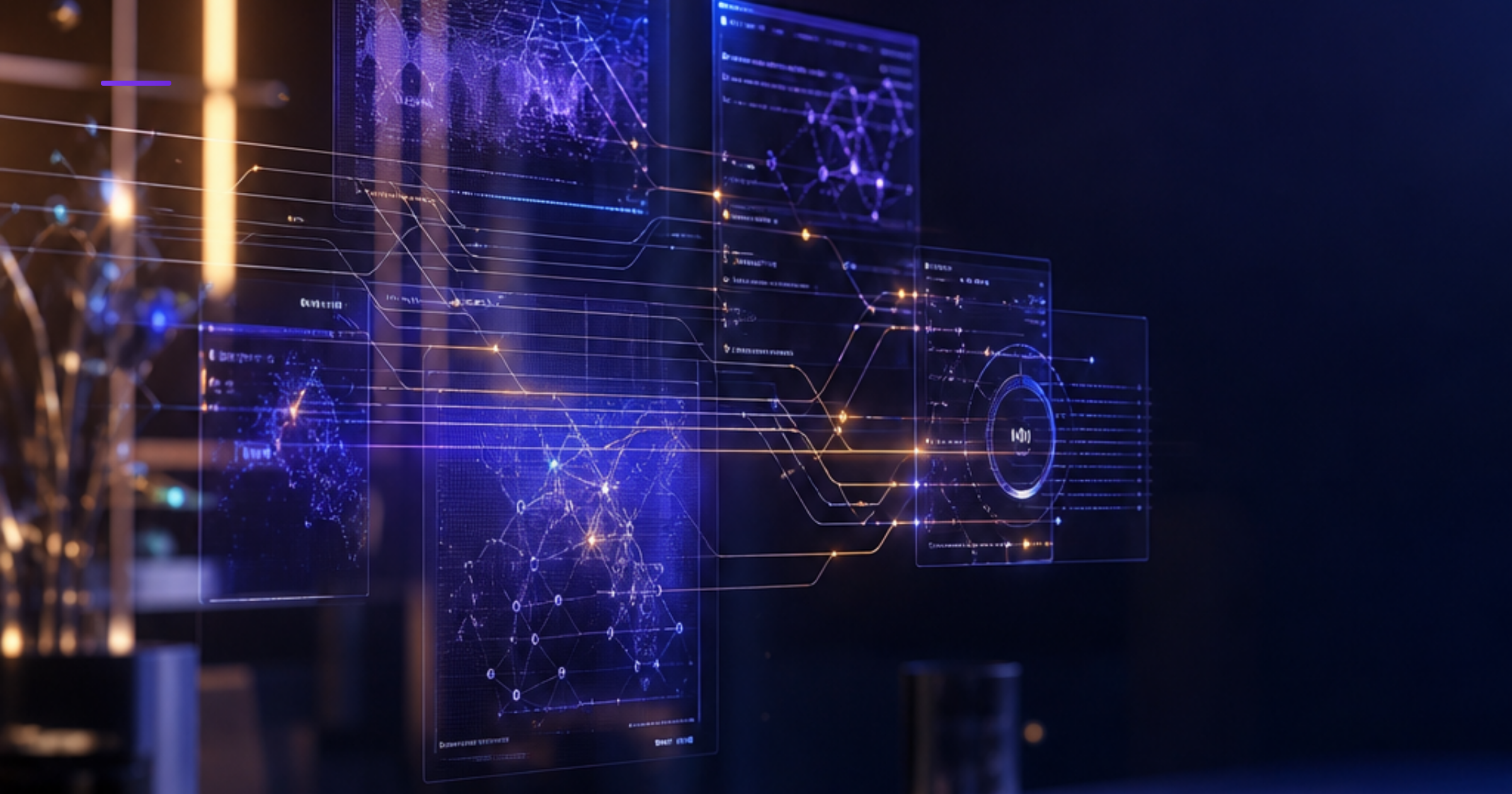 Imagen ilustrativa de Modern tech workspace with layered holographic automation dashboards floating above minimalist desk, soft blue and amber lighting, metallic geometric elements, data flows as interconnected lines, sleek corporate atmosphere, depth of field blur. Artículo: Mejores Consultoras IA Automatización Empresarial Chile