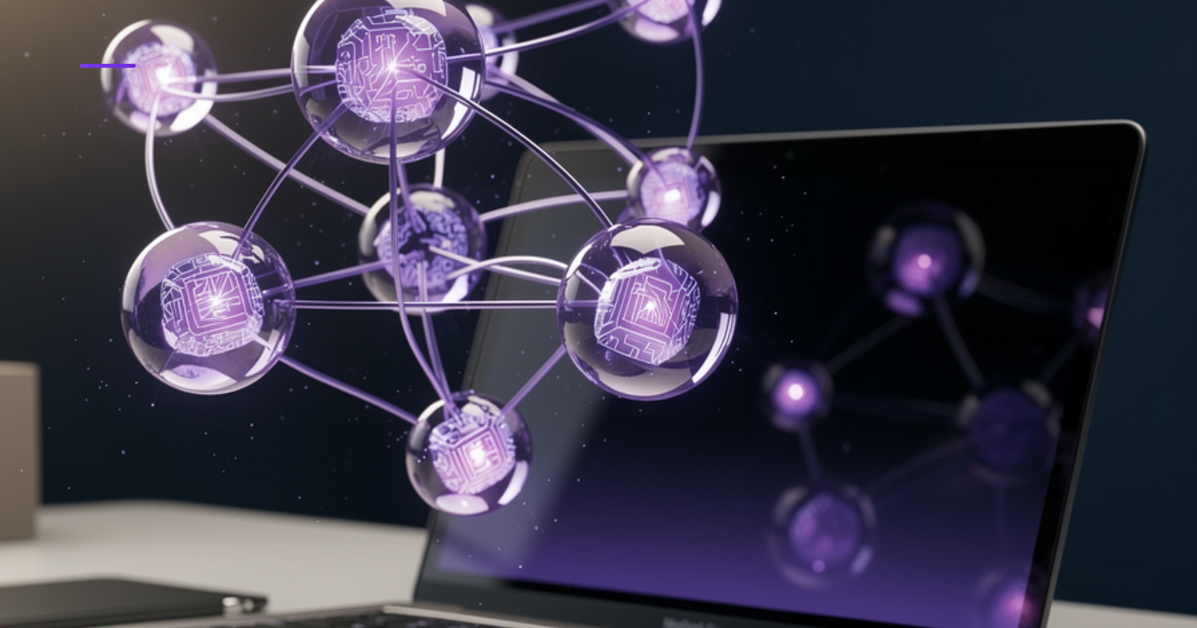 Imagen ilustrativa de Multiple interconnected AI nodes visualized as glowing spheres connected by luminous threads above a modern laptop screen, Chilean business workspace elements, warm ambient lighting, geometric network patterns, professional minimalist aesthetic. Artículo: Mejores empresas de agentes IA en Chile para pequeños negocios