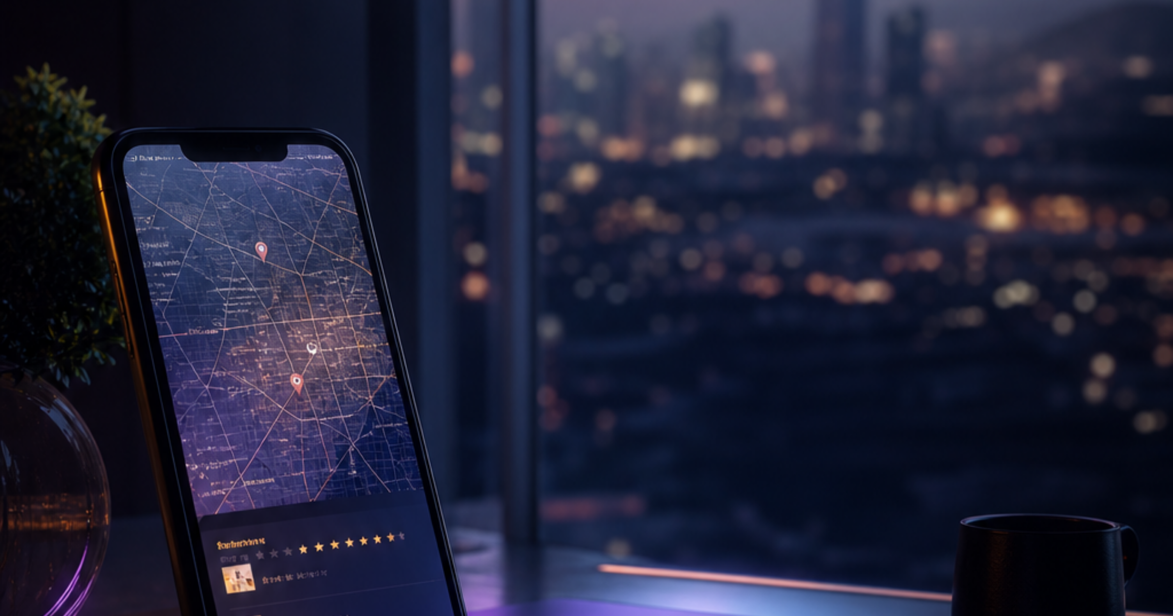 Imagen ilustrativa de Smartphone screen glowing in dimly lit room showing Google Maps interface with star ratings and reviews, warm evening light reflecting off glass surface, blurred Santiago cityscape background, minimalist workspace corner, empty center space.. Artículo: Reseñas Google My Business. Por qué pierden clientes en Santiago