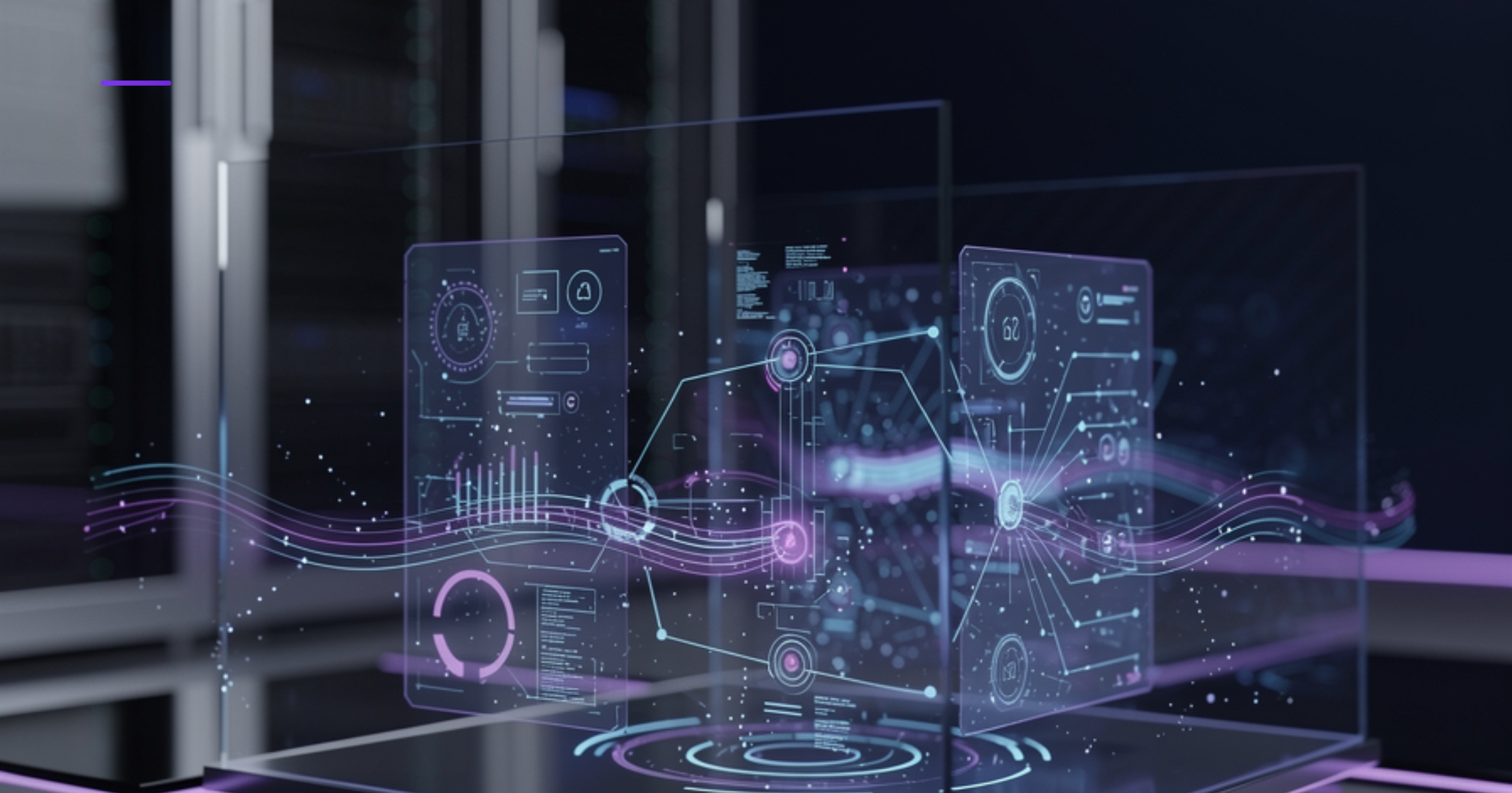 Imagen ilustrativa de Modern office dashboard with holographic data streams flowing across glass surfaces, interconnected nodes in soft blue and purple light, sleek servers in background, minimalist tech aesthetic, depth of field blur. Artículo: Qué sectores en Chile están usando agentes IA con mejores resultados: casos y métricas reales