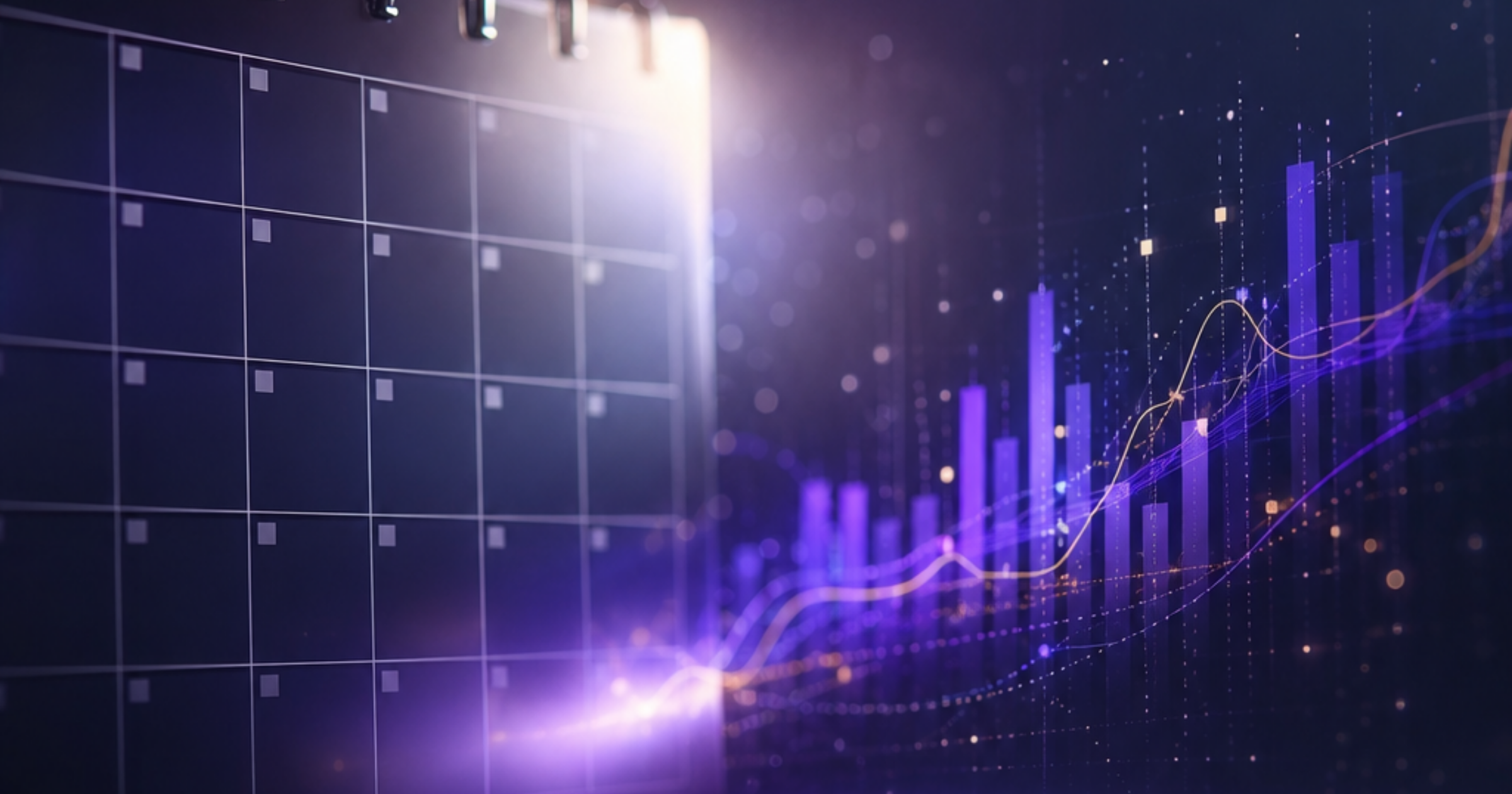 Imagen ilustrativa de Split-screen concept showing a calendar grid fading into analytics charts, representing time investment versus immediate results, soft professional lighting, neutral background, uncluttered center.. Artículo: SEO o SEM. Cuál contratar primero en Chile