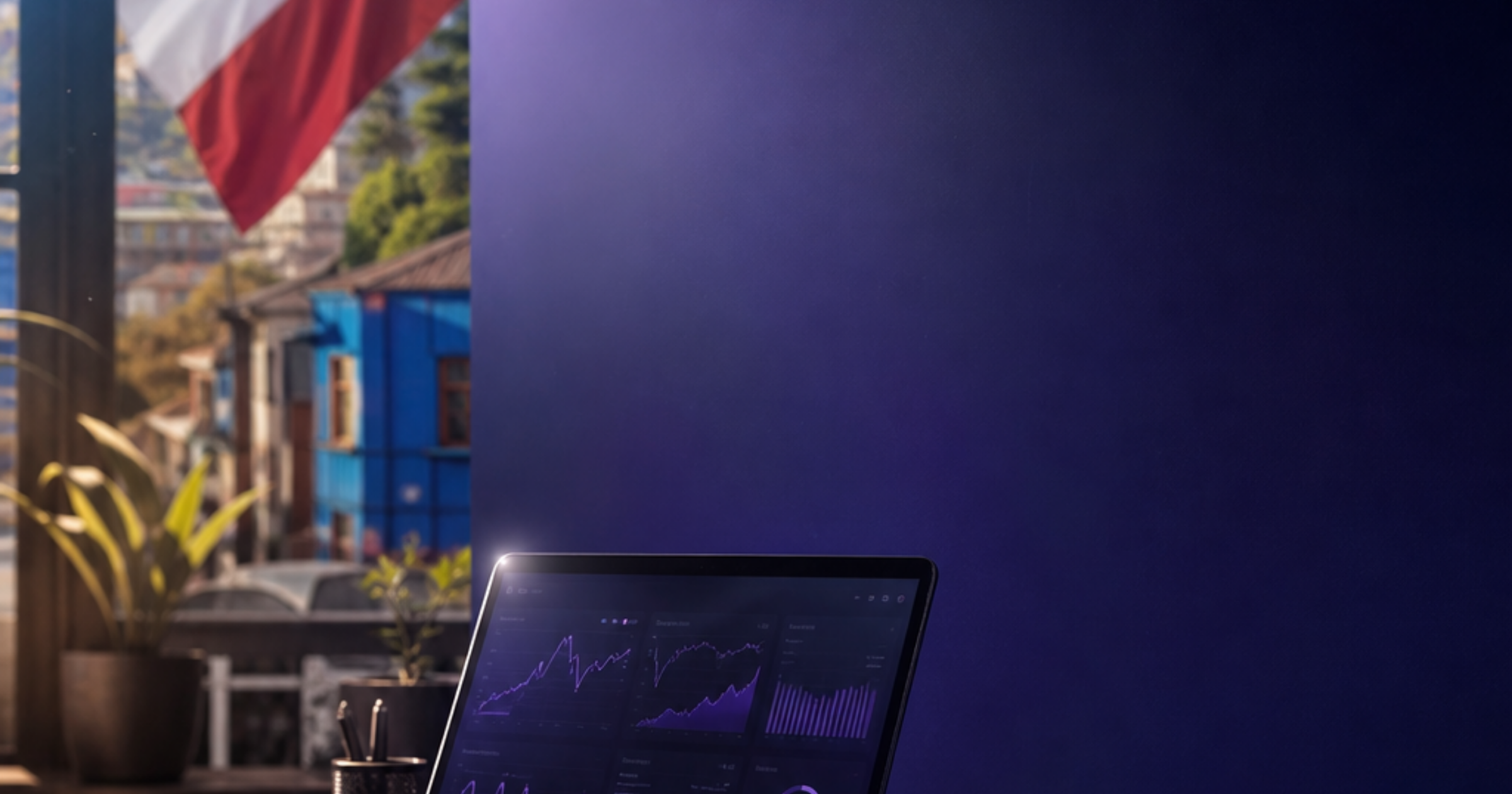 Imagen ilustrativa de A Chilean small business workspace with a laptop showing analytics, desk with coffee, natural daylight from window, local market context visible, minimal clutter, open centered space. Artículo: SEO para pymes chilenas. Estrategias que funcionan hoy