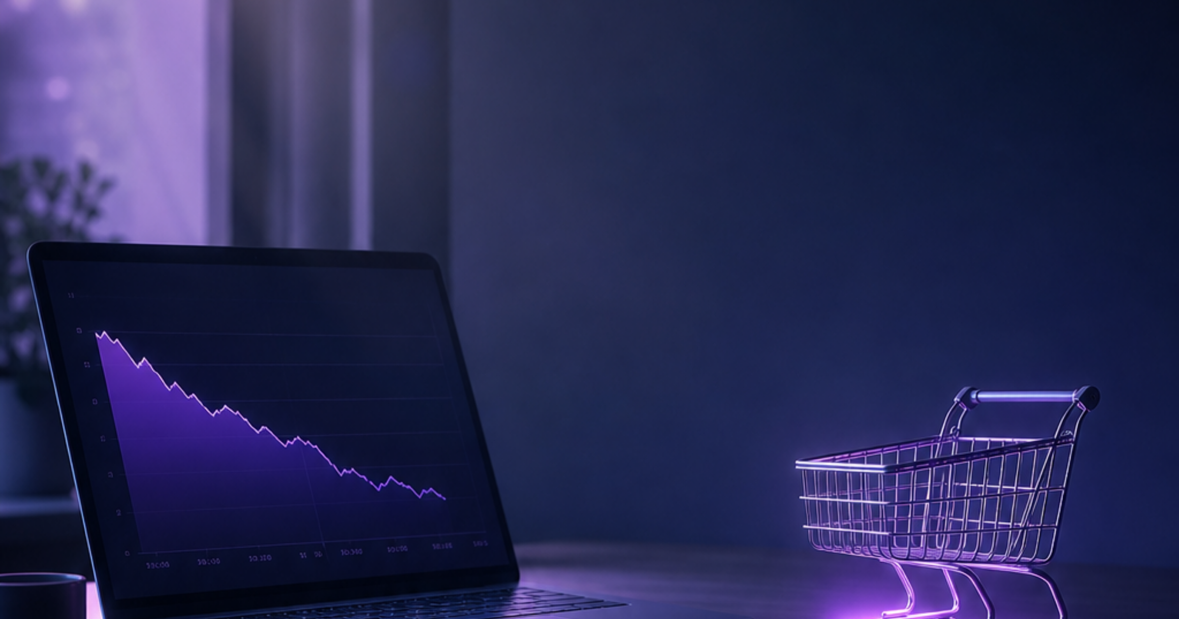 Imagen ilustrativa de A laptop displaying declining analytics on a minimalist desk, empty shopping cart icon glowing softly, muted office light filtering through a window, calm professional atmosphere, uncluttered center, sense of pause before growth.. Artículo: Tienda Shopify sin ventas. Cómo contratar SEO que funciona en Chile